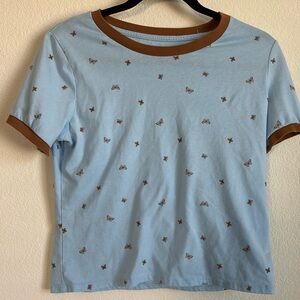 Blue shirt with brown butterflies size large